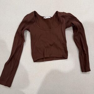 Brown Ribbed Long Sleeve Top